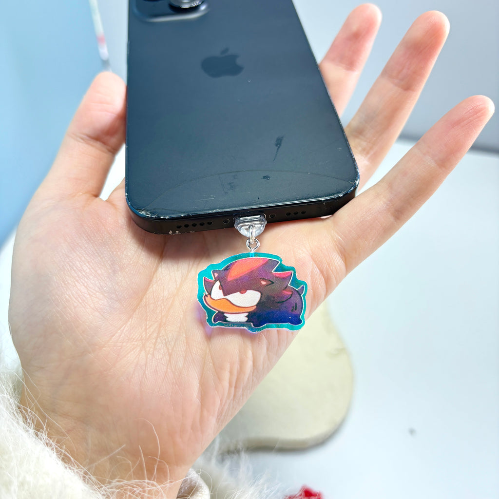 Chibi Sonic & Shadow Acrylic Phone Charms – Cute Holographic Hedgehog Dust Plug Charms