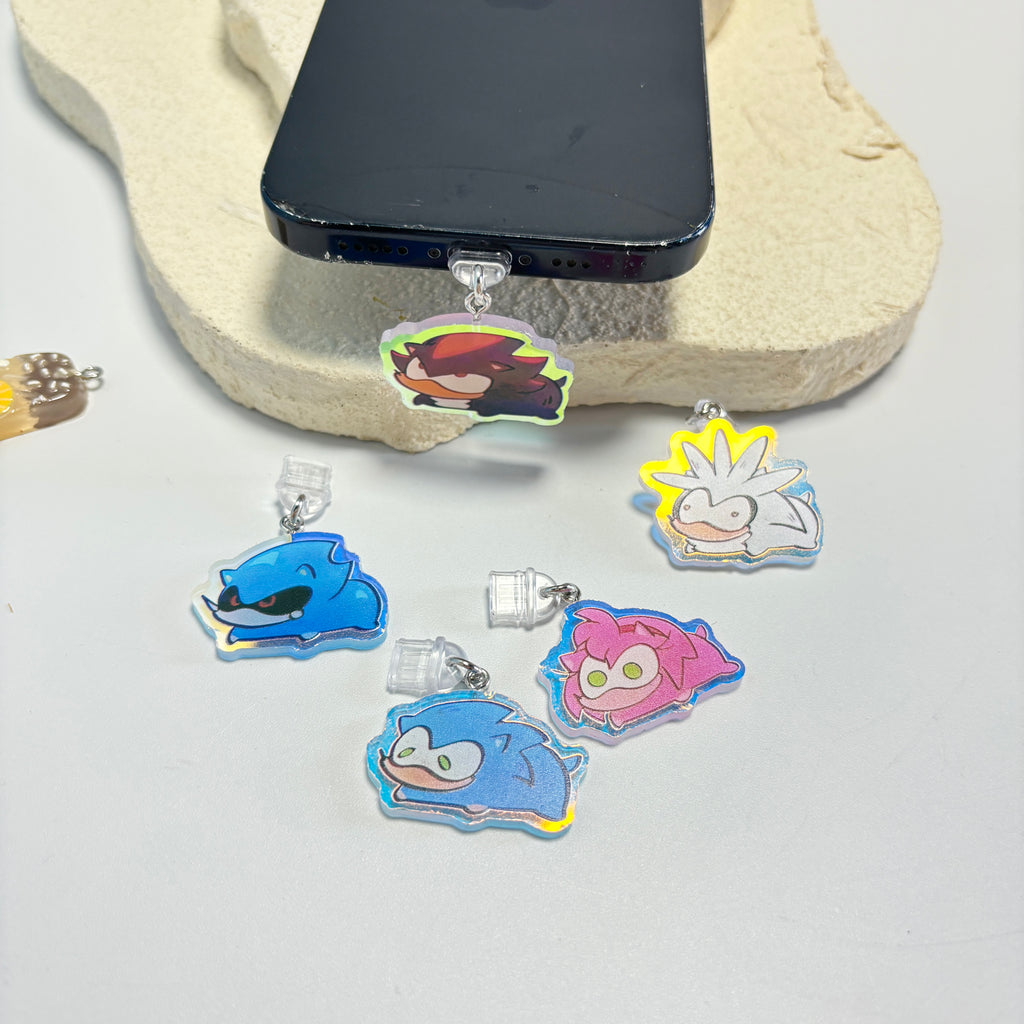 Chibi Sonic & Shadow Acrylic Phone Charms – Cute Holographic Hedgehog Dust Plug Charms