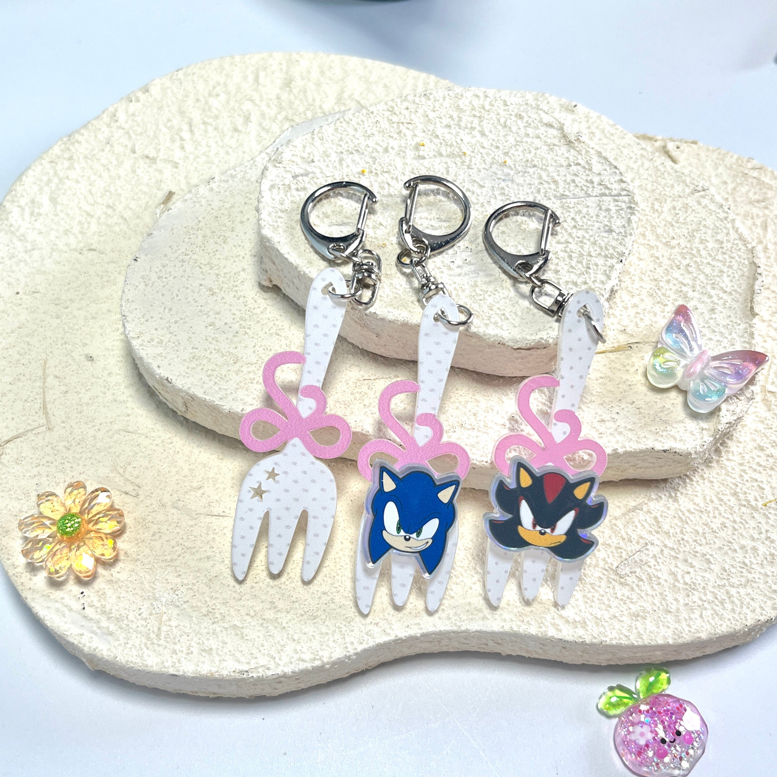 Sonic & Shadow Fork Acrylic Keychain Set – Cute Pink Bow Bag Charms