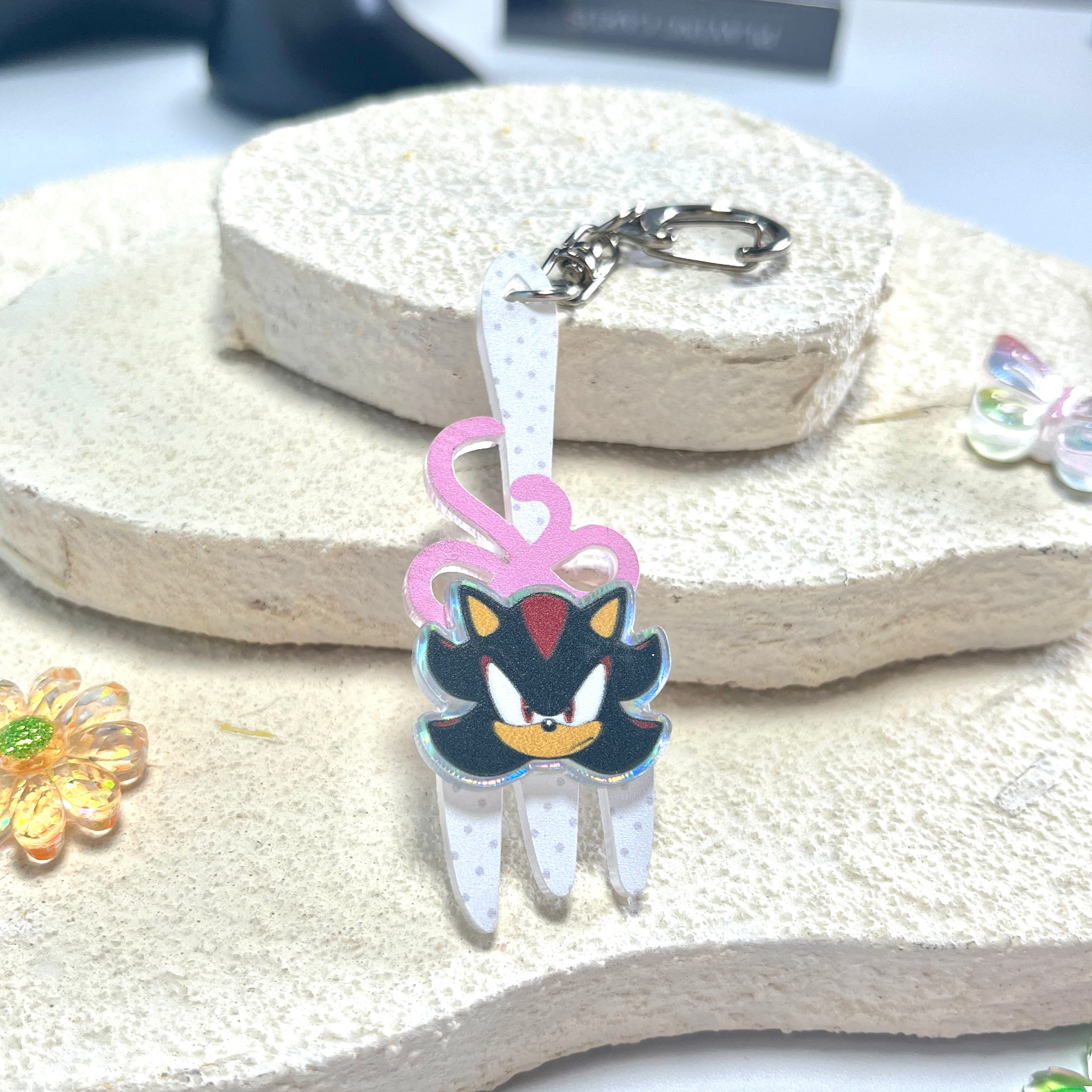 Sonic & Shadow Fork Acrylic Keychain Set – Cute Pink Bow Bag Charms