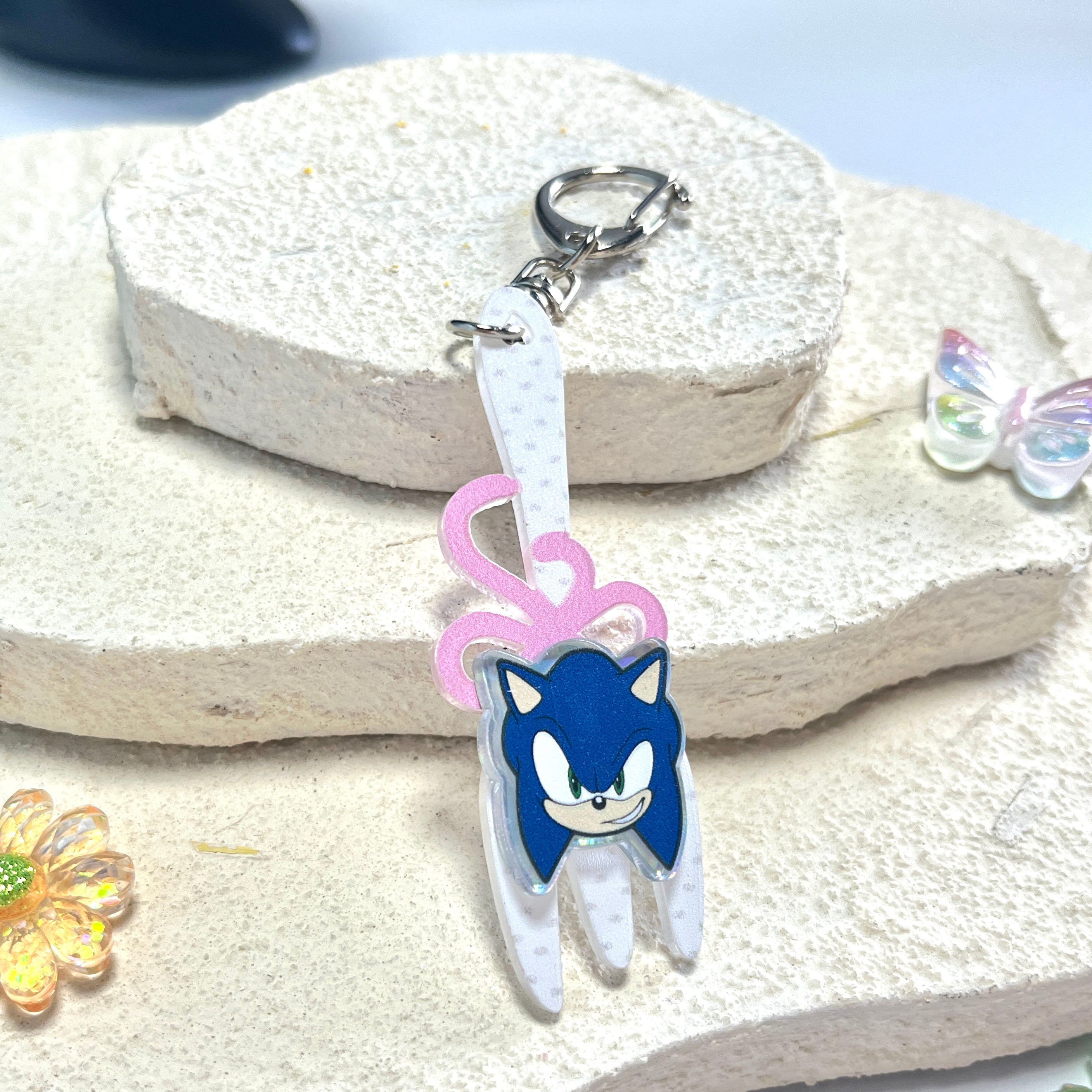 Sonic & Shadow Fork Acrylic Keychain Set – Cute Pink Bow Bag Charms