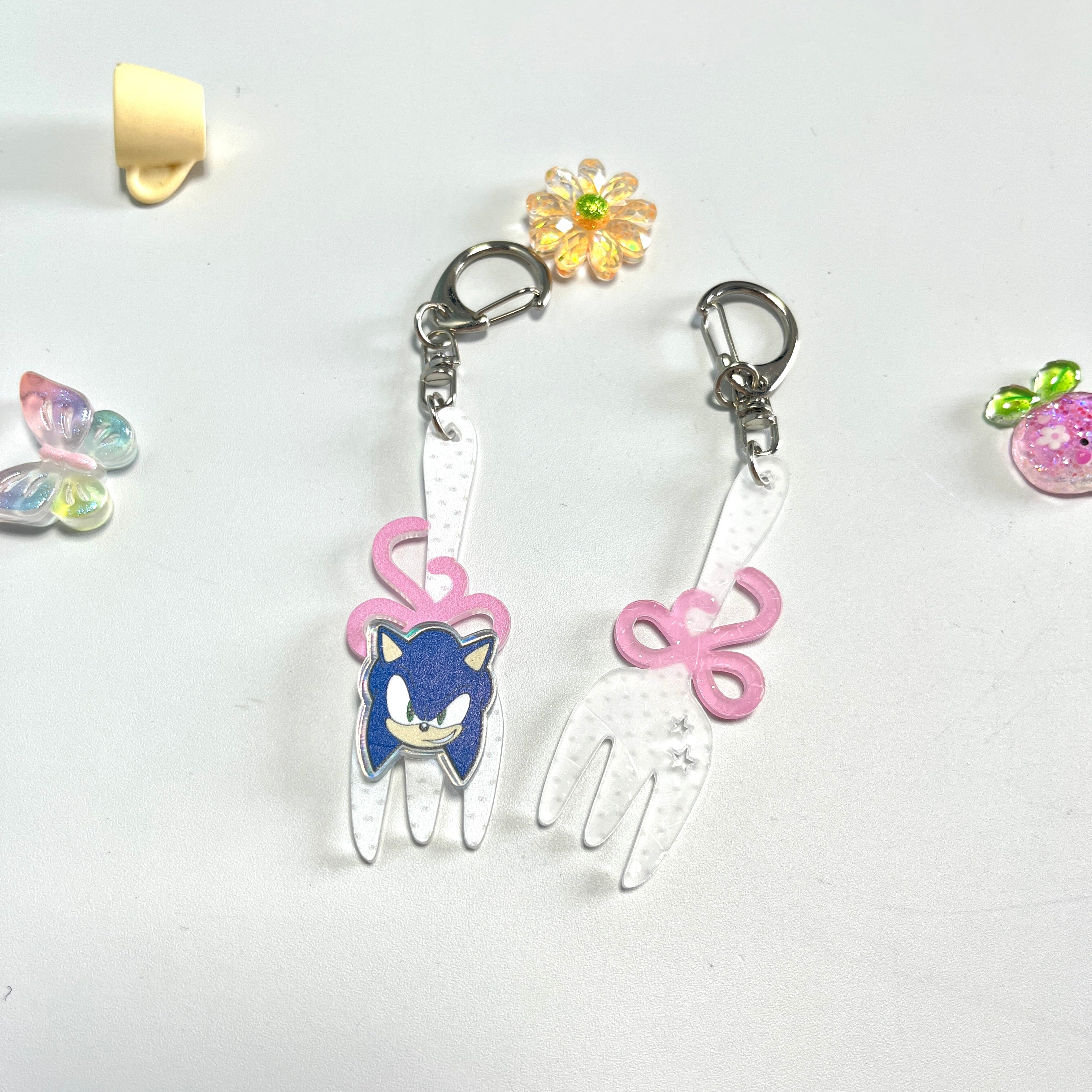 Sonic & Shadow Fork Acrylic Keychain Set – Cute Pink Bow Bag Charms