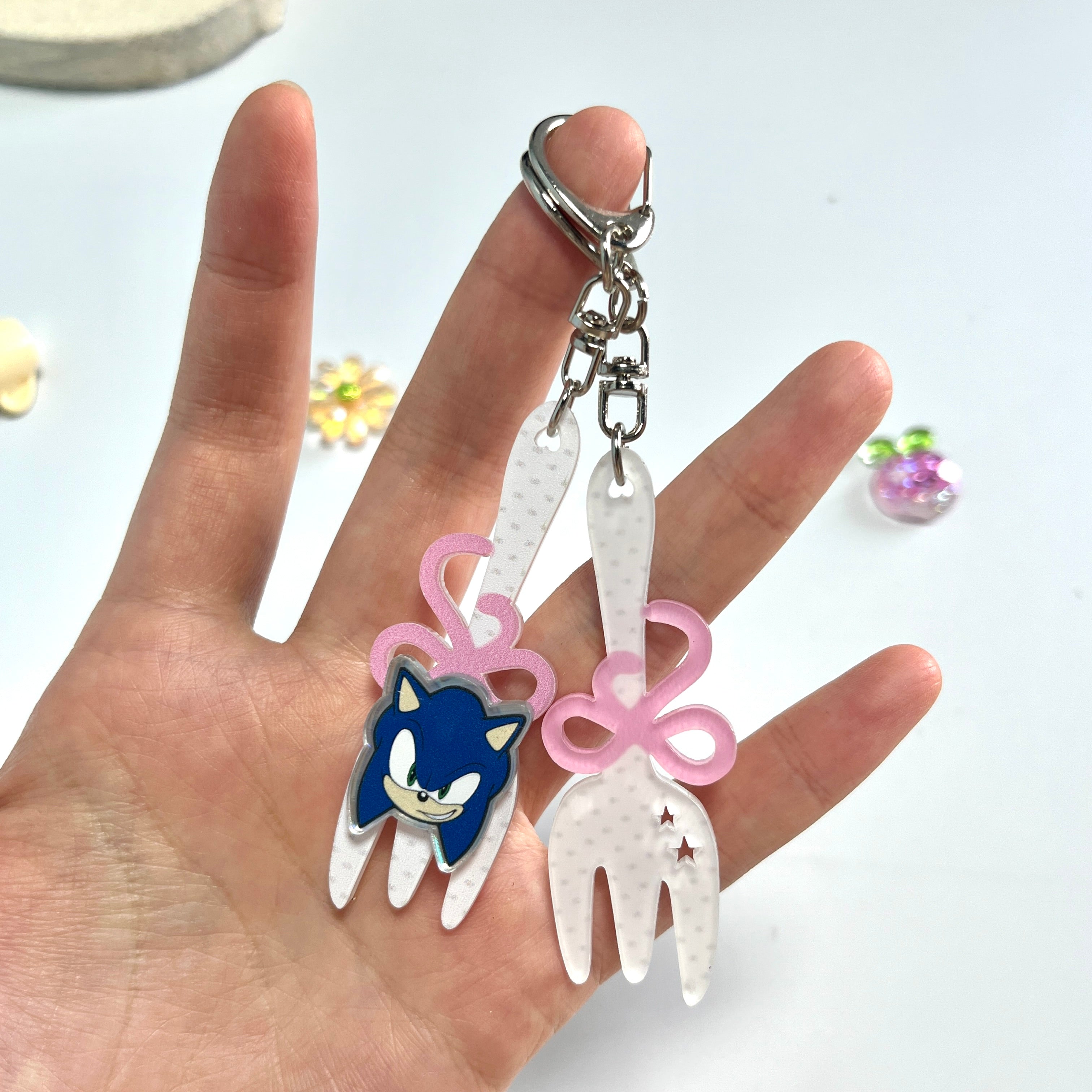 Sonic & Shadow Fork Acrylic Keychain Set – Cute Pink Bow Bag Charms