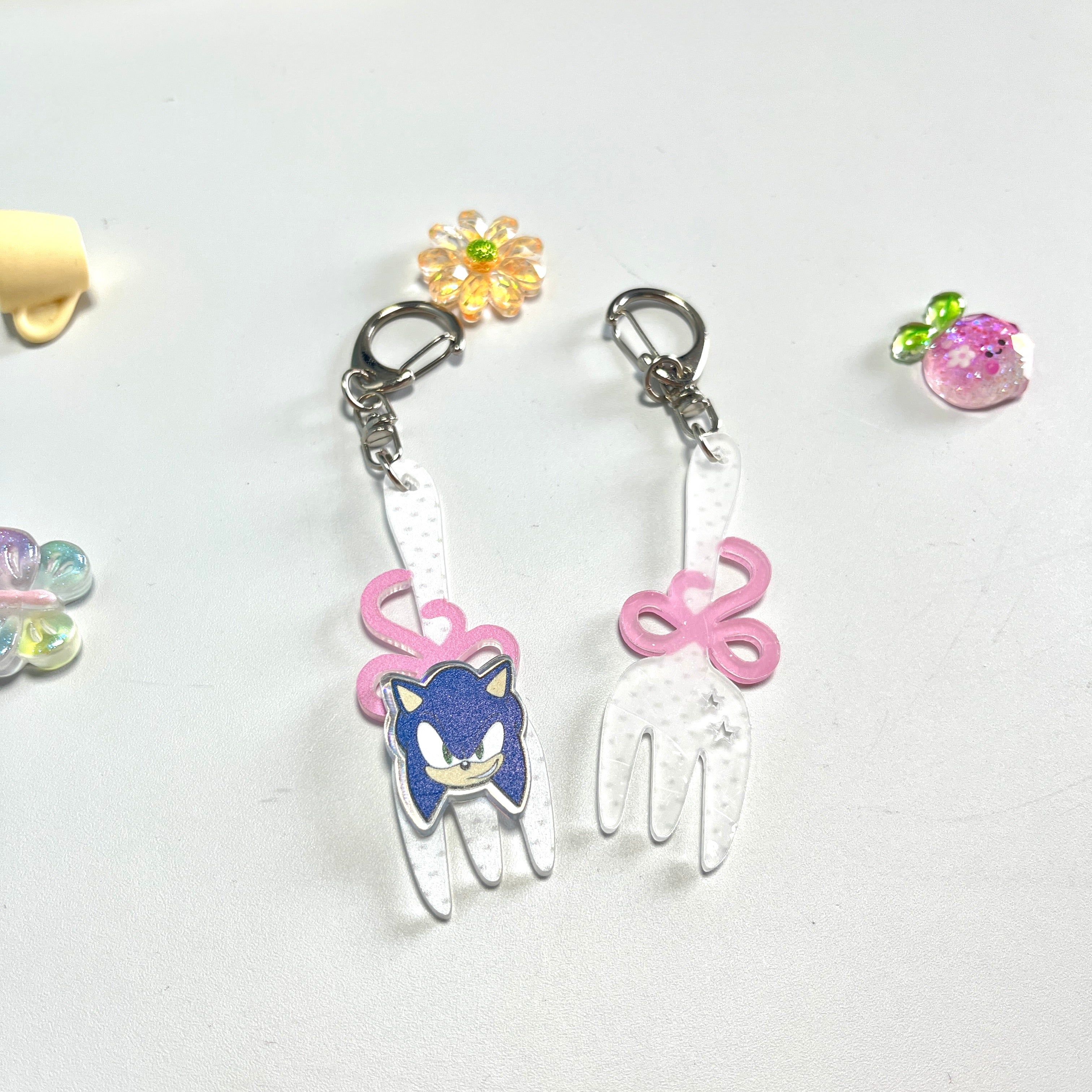 Sonic & Shadow Fork Acrylic Keychain Set – Cute Pink Bow Bag Charms
