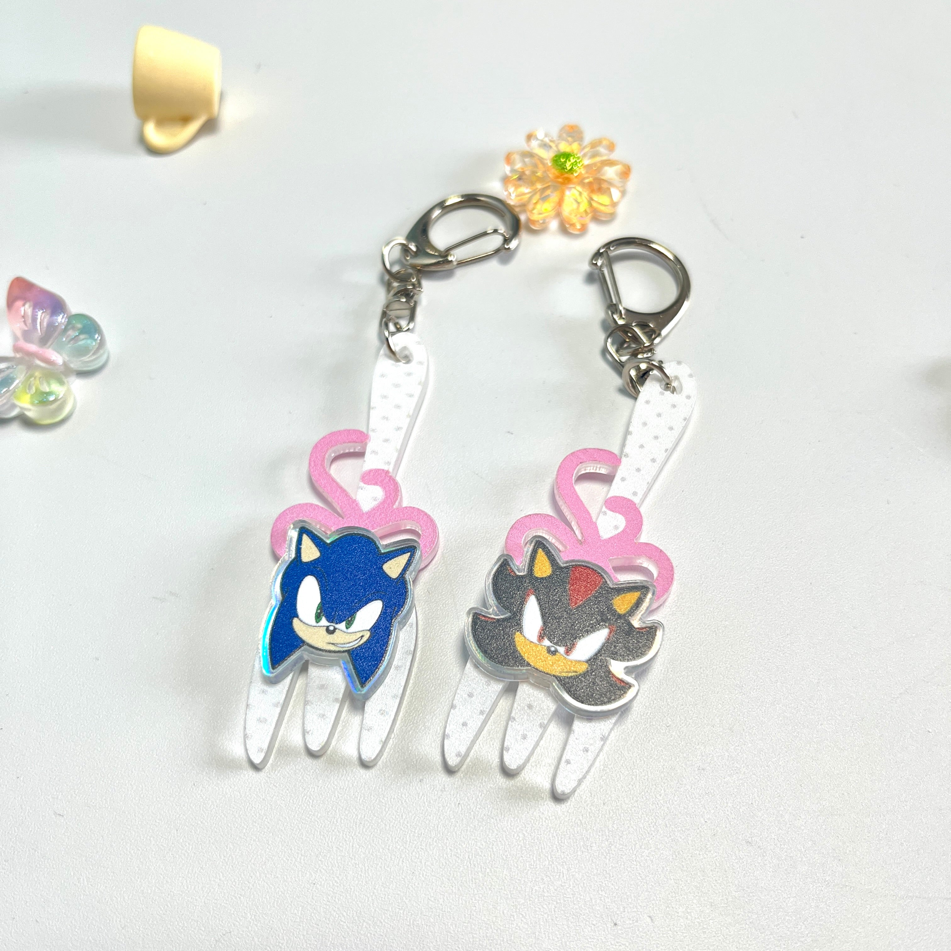 Sonic & Shadow Fork Acrylic Keychain Set – Cute Pink Bow Bag Charms
