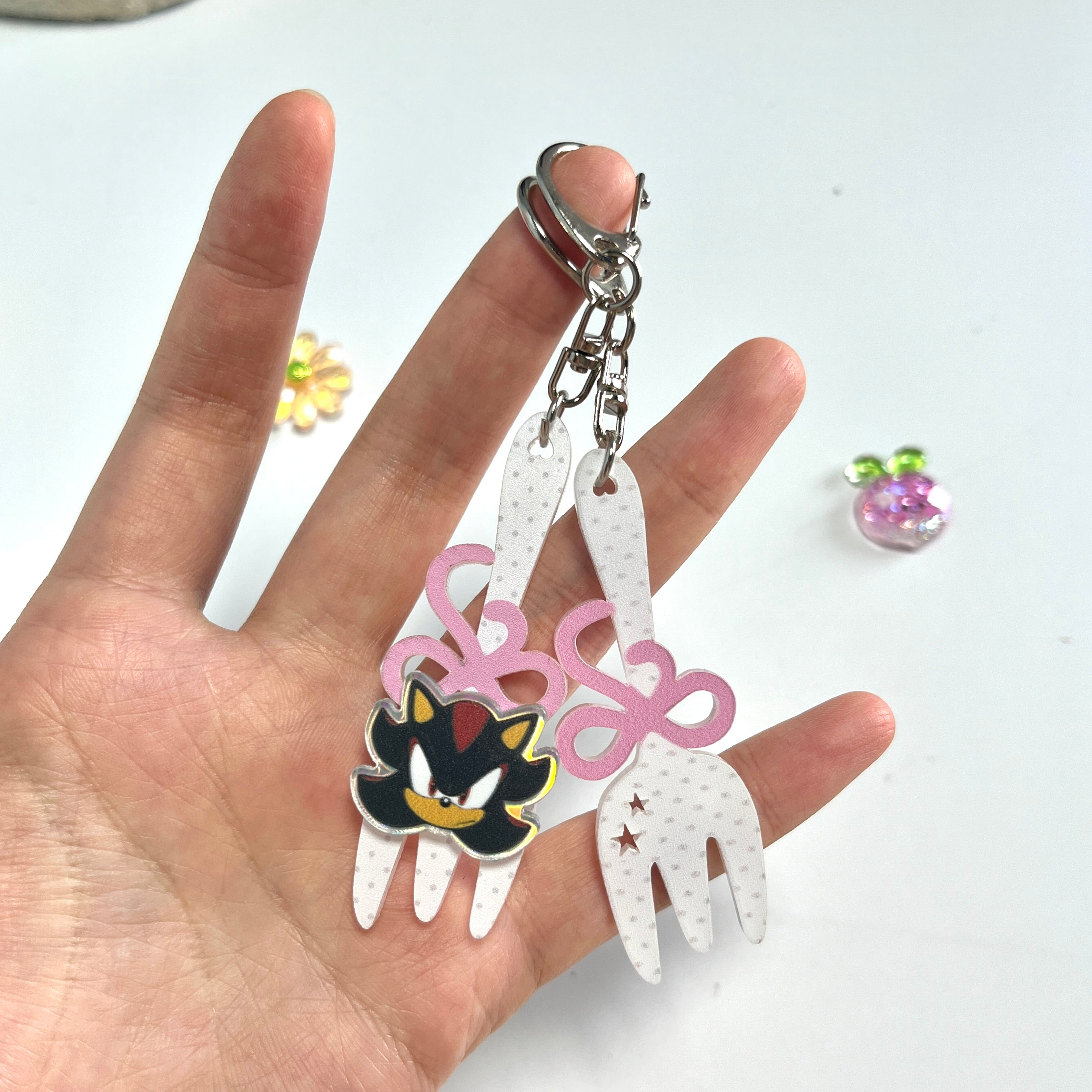 Sonic & Shadow Fork Acrylic Keychain Set – Cute Pink Bow Bag Charms