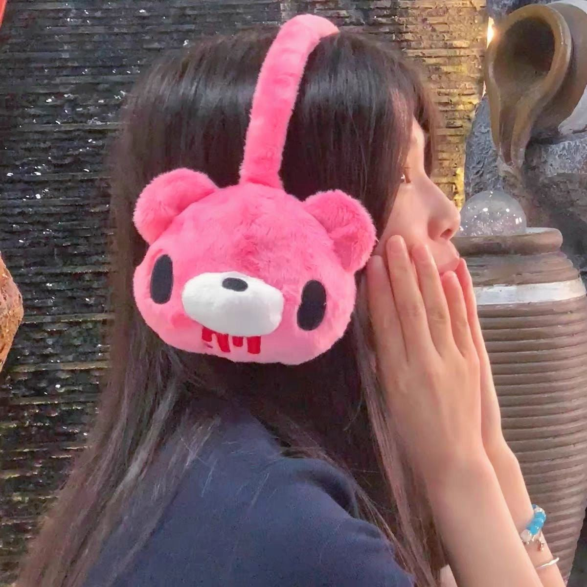 Gloomy Bear Plush Earmuffs - Cute Pink Bear Winter Ear Warmers for Women & Girls - Y2K Aesthetic Faux Fur Earmuffs