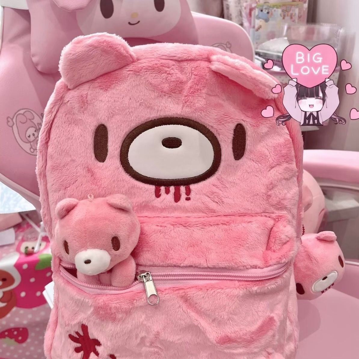 Gloomy Bear Style Pink Plush Backpack - Y2K Aesthetic Bloody Bear Fluffy Rucksack for Harajuku & Kawaii Fashion Enthusiasts