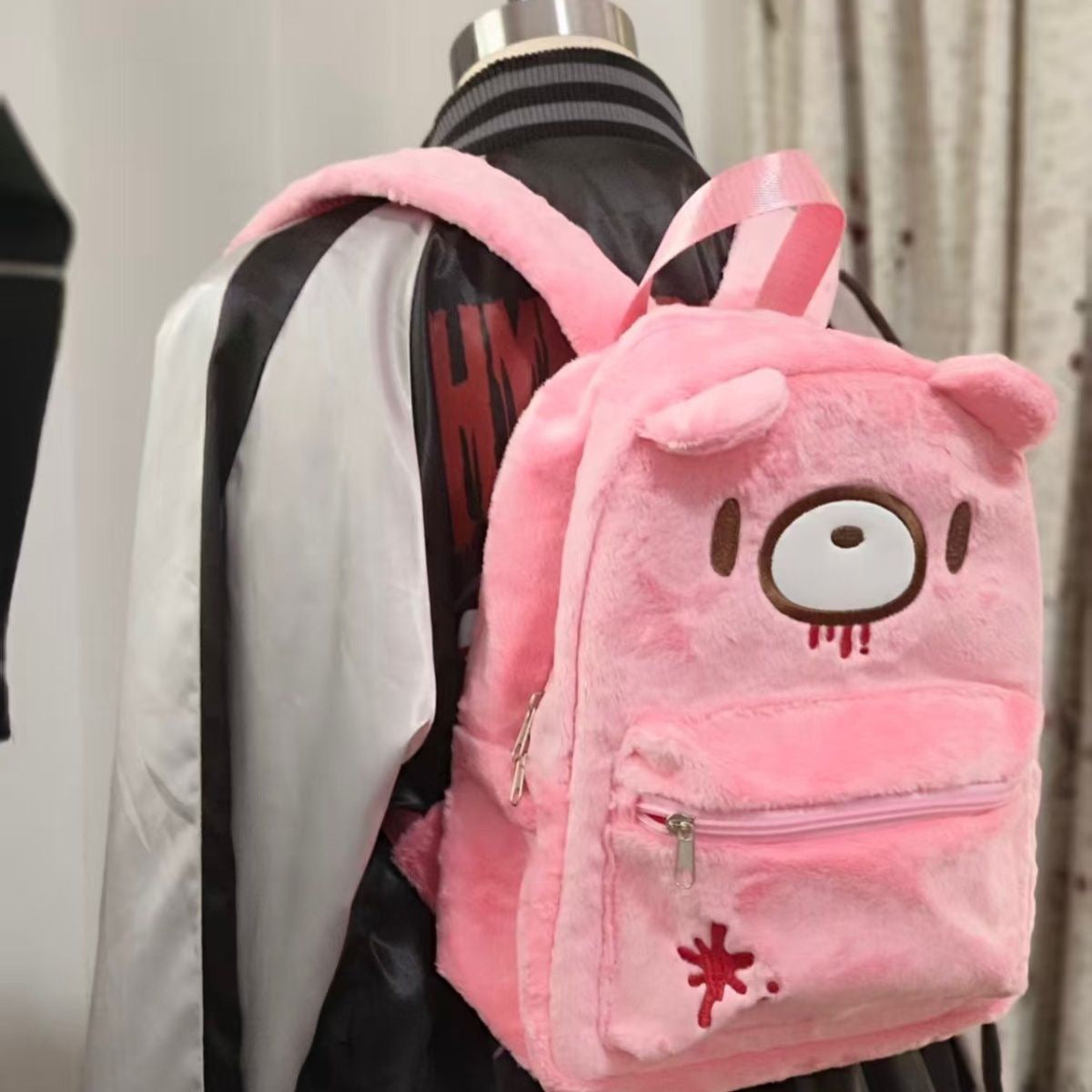 Gloomy Bear Style Pink Plush Backpack - Y2K Aesthetic Bloody Bear Fluffy Rucksack for Harajuku & Kawaii Fashion Enthusiasts