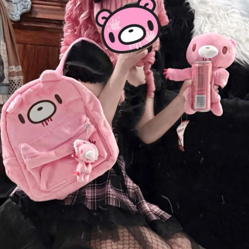 Gloomy Bear Style Pink Plush Backpack - Y2K Aesthetic Bloody Bear Fluffy Rucksack for Harajuku & Kawaii Fashion Enthusiasts