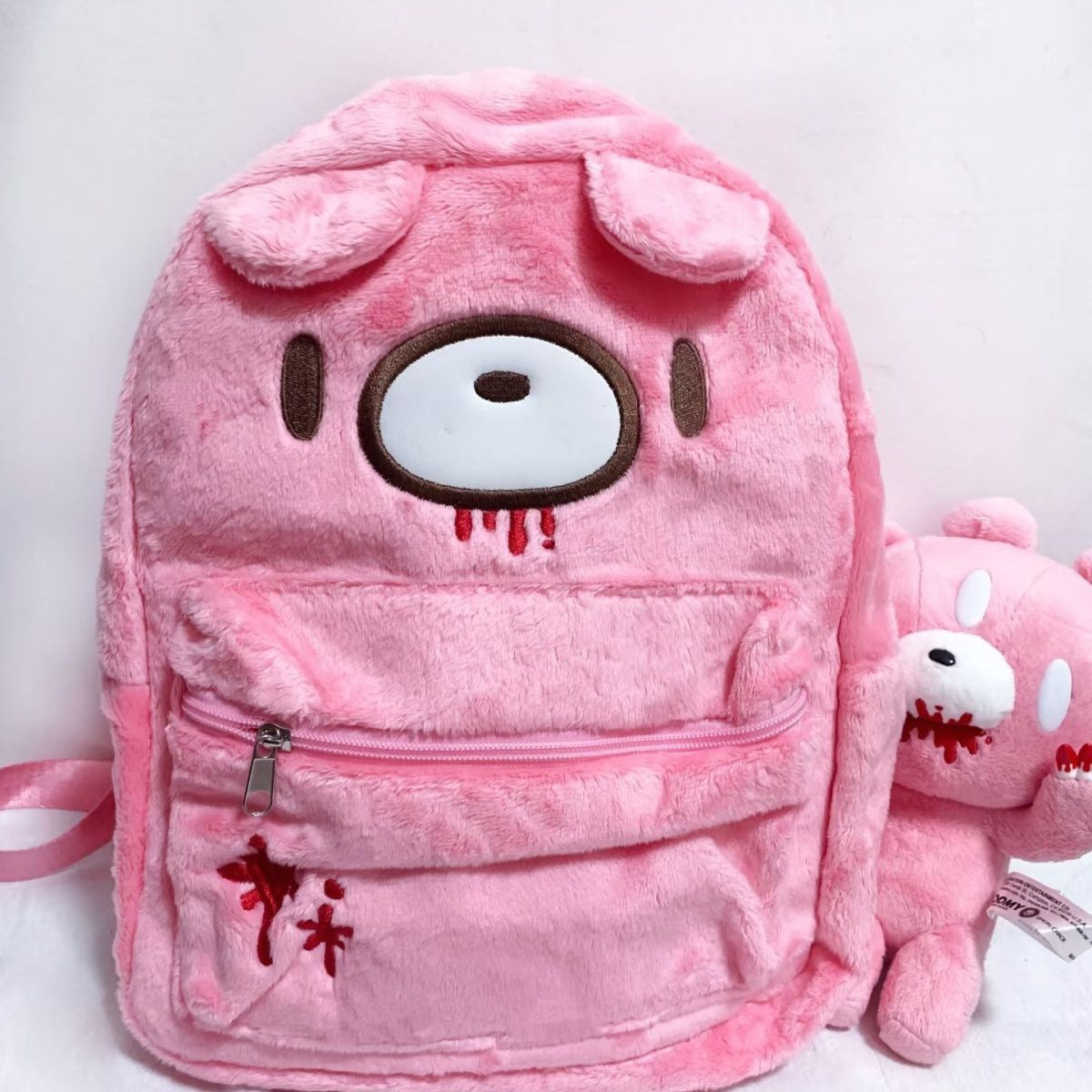 Gloomy Bear Style Pink Plush Backpack - Y2K Aesthetic Bloody Bear Fluffy Rucksack for Harajuku & Kawaii Fashion Enthusiasts
