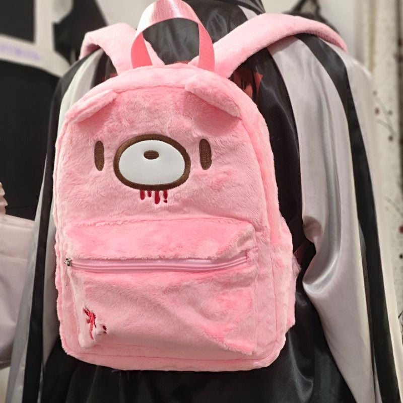 Gloomy Bear Style Pink Plush Backpack - Y2K Aesthetic Bloody Bear Fluffy Rucksack for Harajuku & Kawaii Fashion Enthusiasts