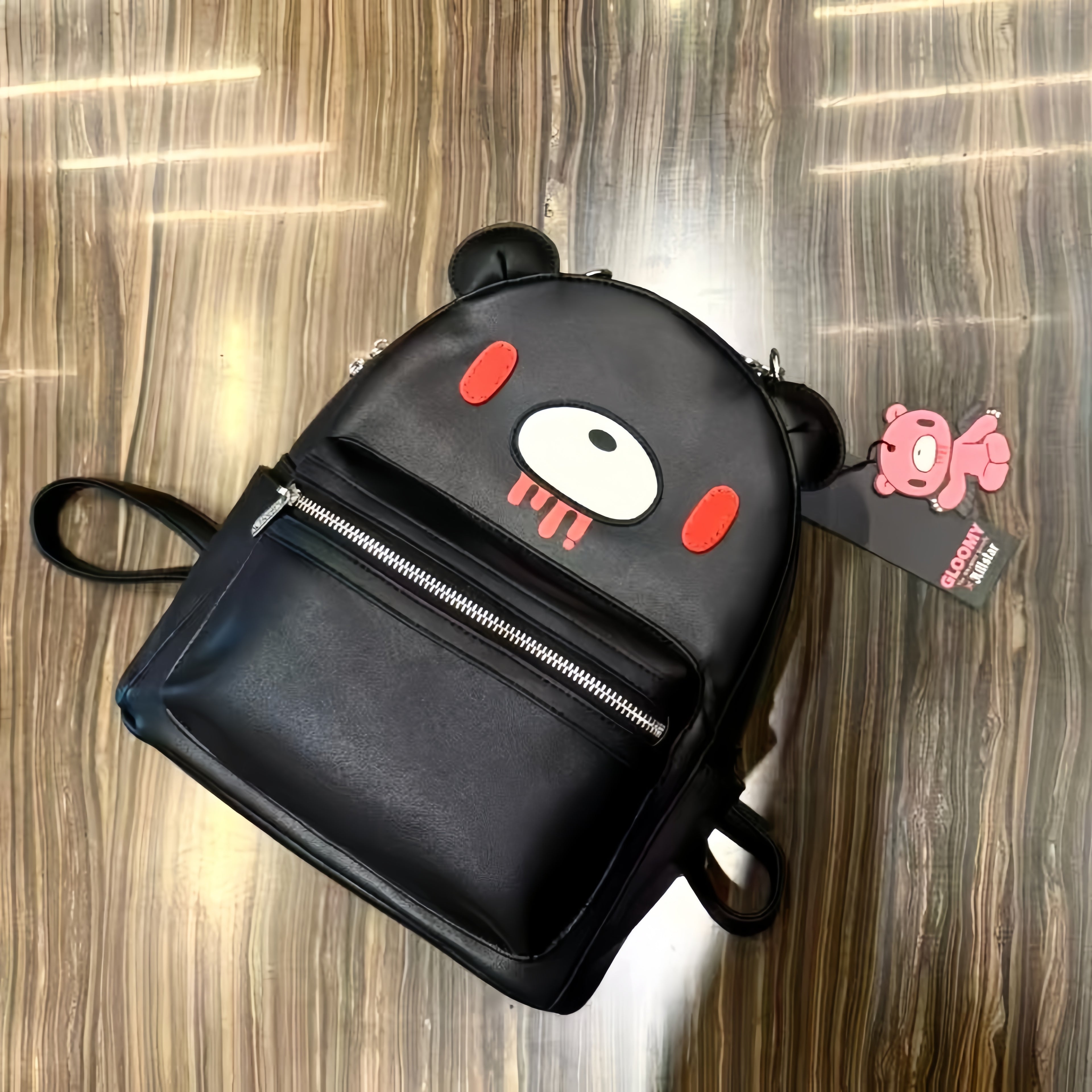Gloomy Bear Convertible Mini Backpack – Black Faux Leather Bag with Chain Handle