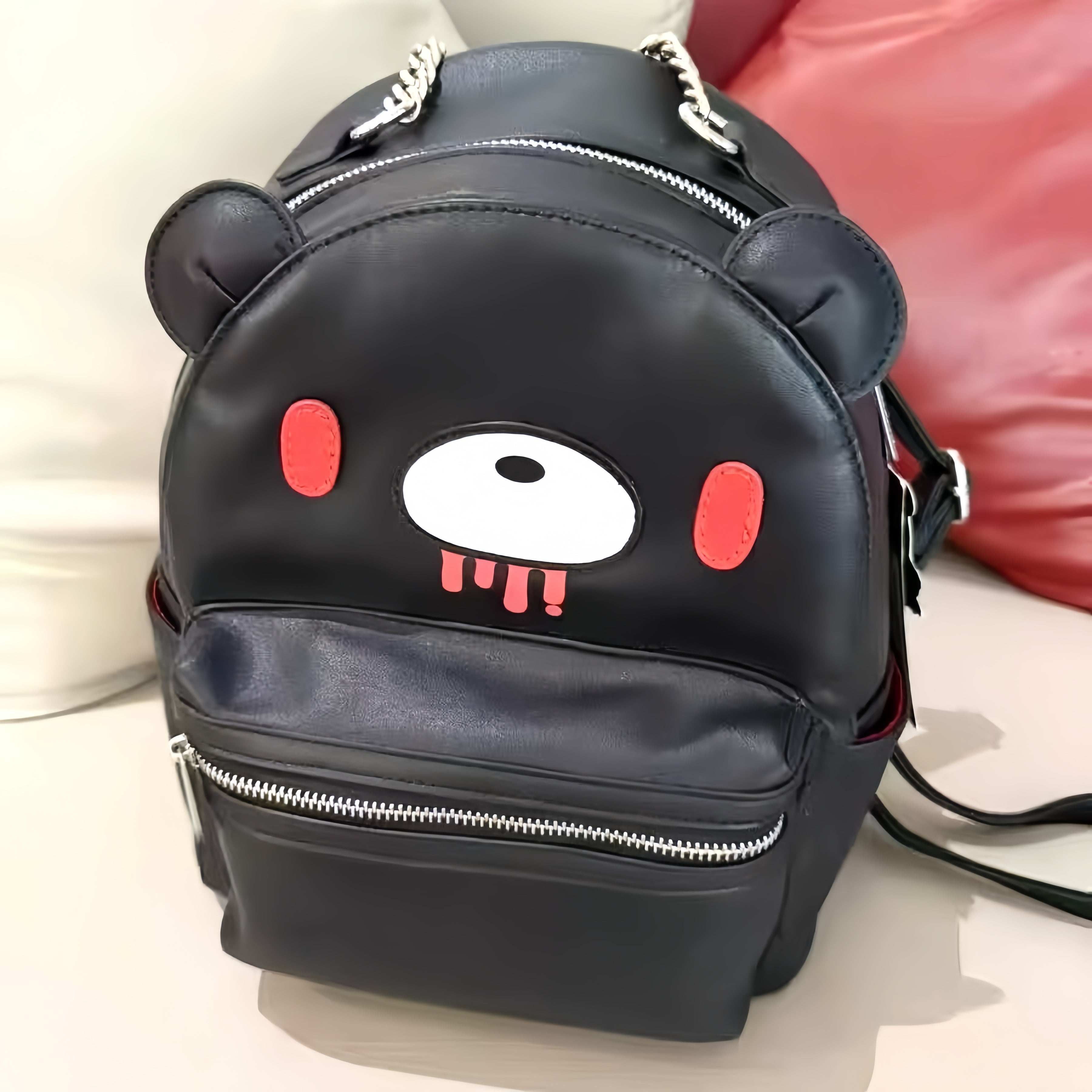 Gloomy Bear Convertible Mini Backpack – Black Faux Leather Bag with Chain Handle