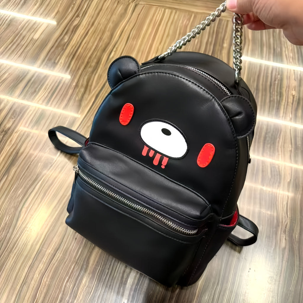 Gloomy Bear Convertible Mini Backpack – Black Faux Leather Bag with Chain Handle