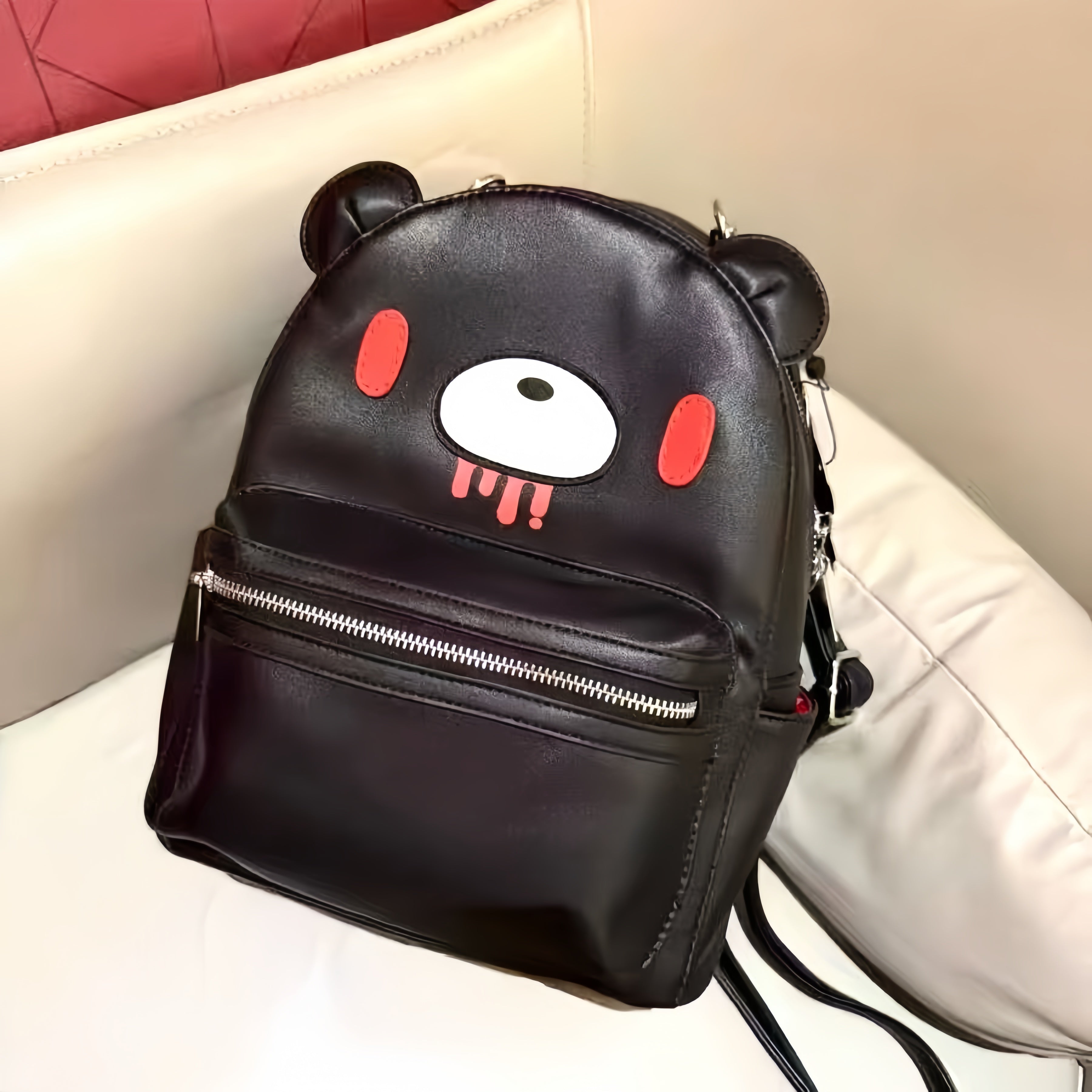 Gloomy Bear Convertible Mini Backpack – Black Faux Leather Bag with Chain Handle