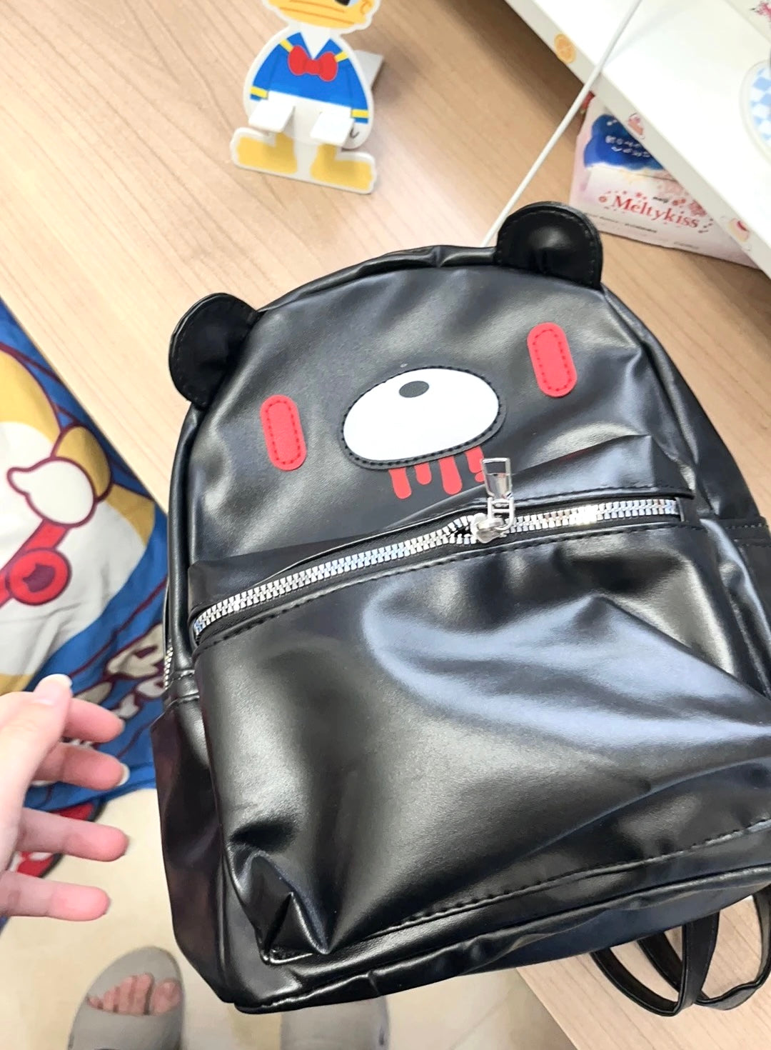 Gloomy Bear Convertible Mini Backpack – Black Faux Leather Bag with Chain Handle