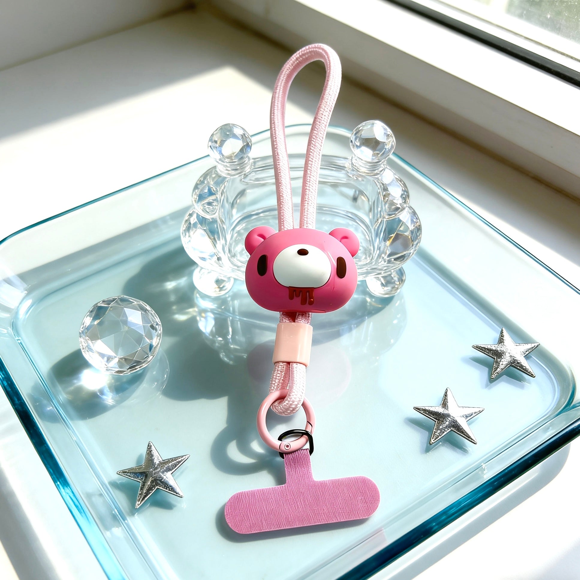 Gloomy Bear Phone Lanyard with Patch – Cute Pink Bear Short Strap for iPhone & Android