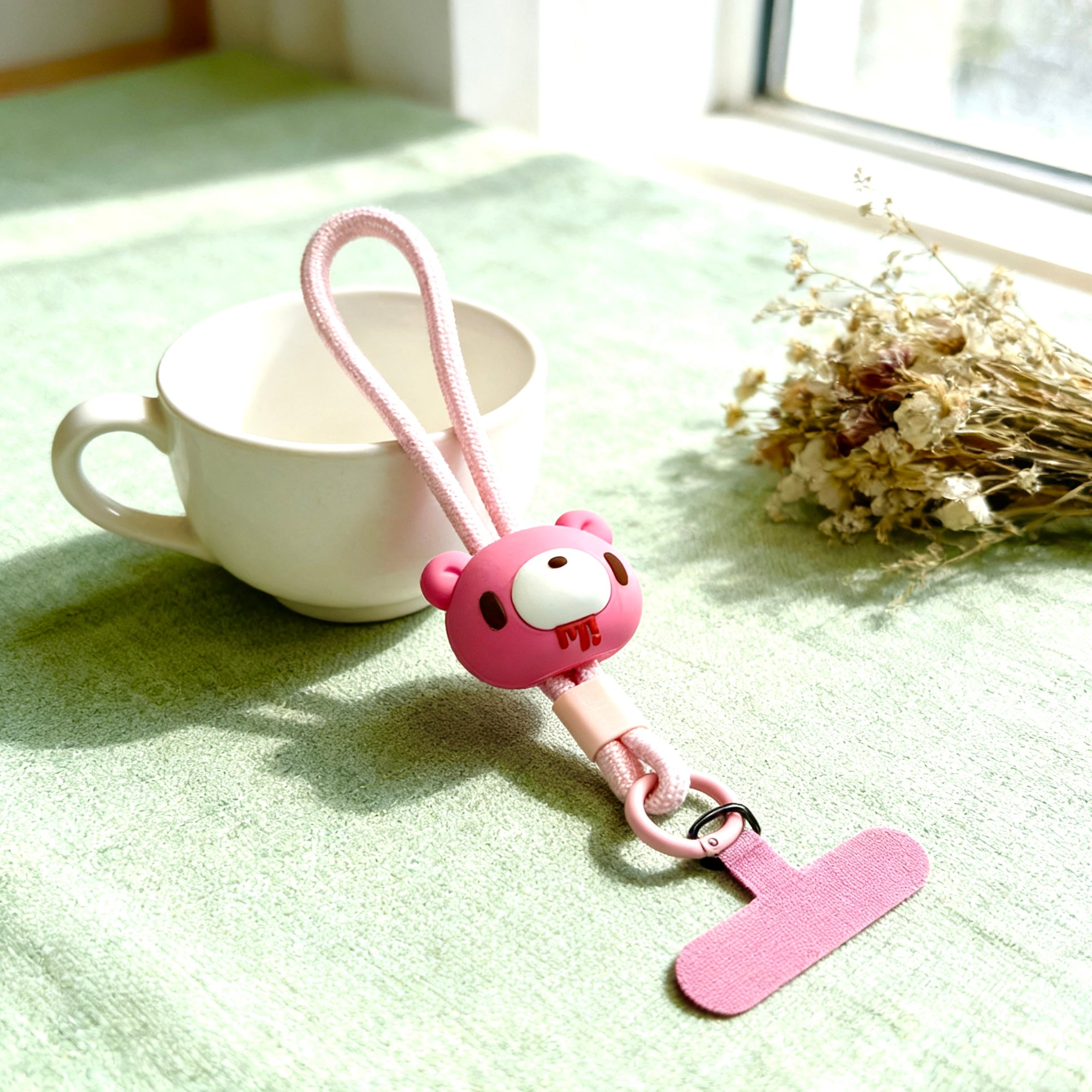 Gloomy Bear Phone Lanyard with Patch – Cute Pink Bear Short Strap for iPhone & Android