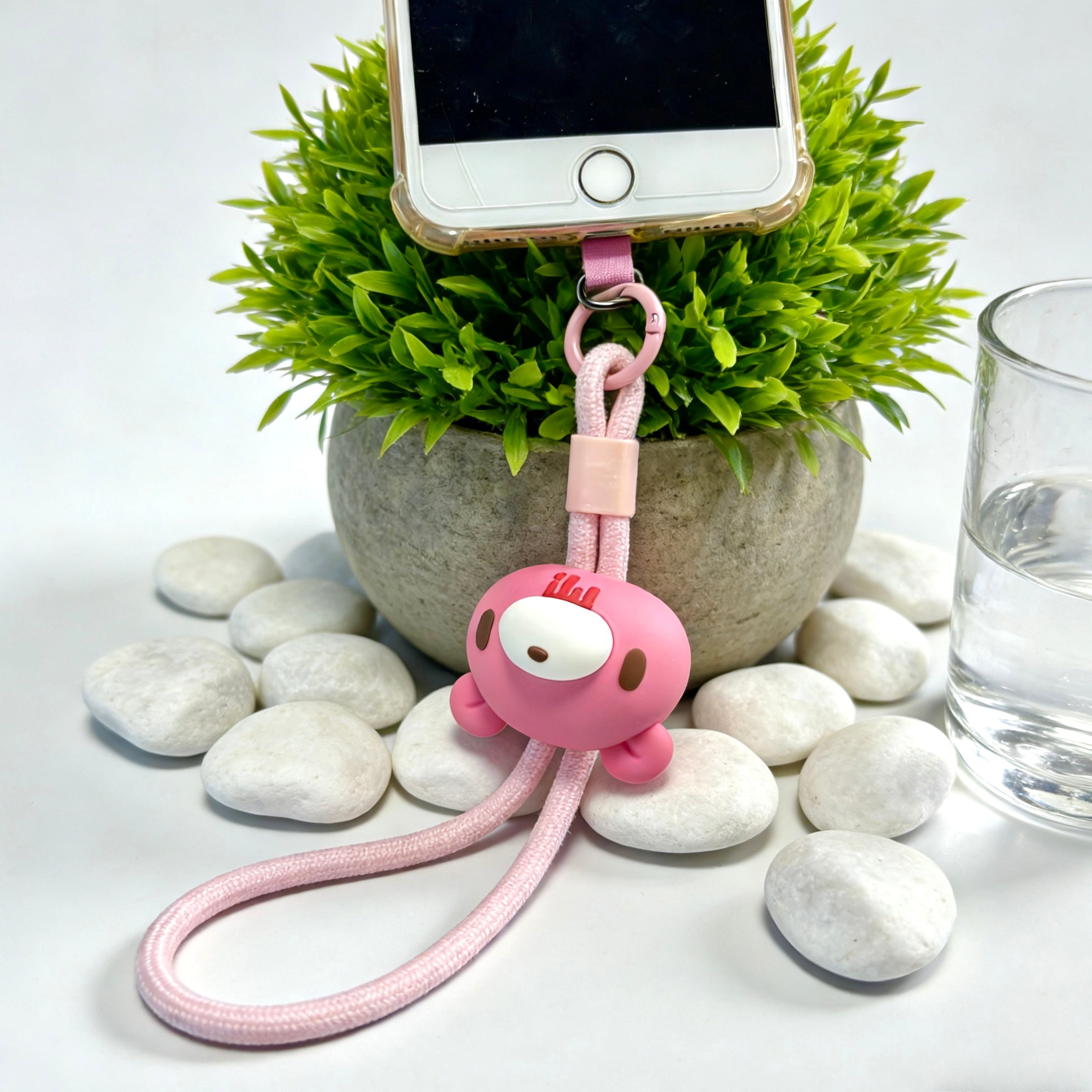 Gloomy Bear Phone Lanyard with Patch – Cute Pink Bear Short Strap for iPhone & Android