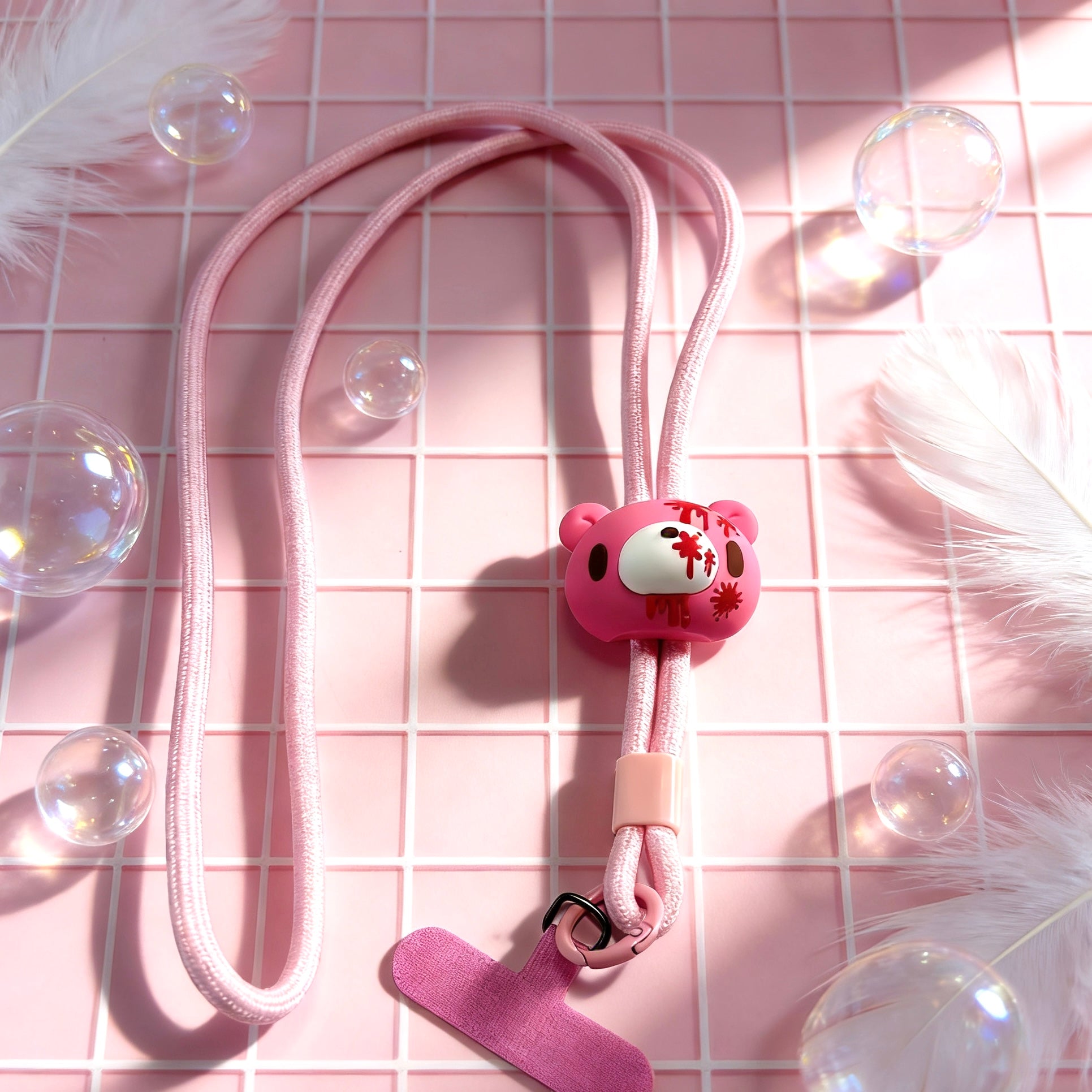 Gloomy Bear Phone Lanyard with Patch – Cute Pink Bear Short Strap for iPhone & Android