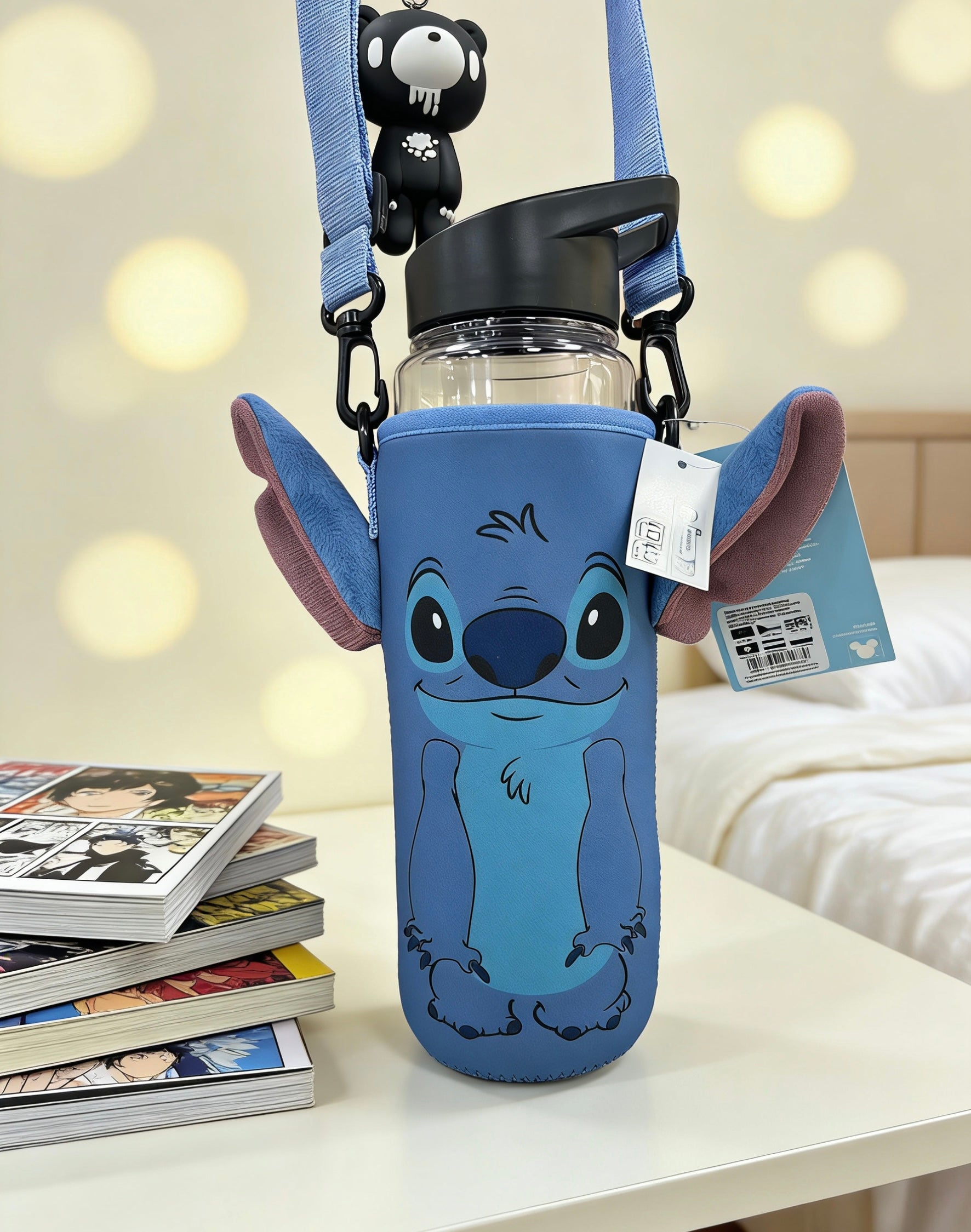 Cute Stitch Water Bottle Sleeve with Adjustable Strap - Kawaii Plush Ear Bottle Carrier Bag - Portable Neoprene Drink Holder for Kids & Disney Fans
