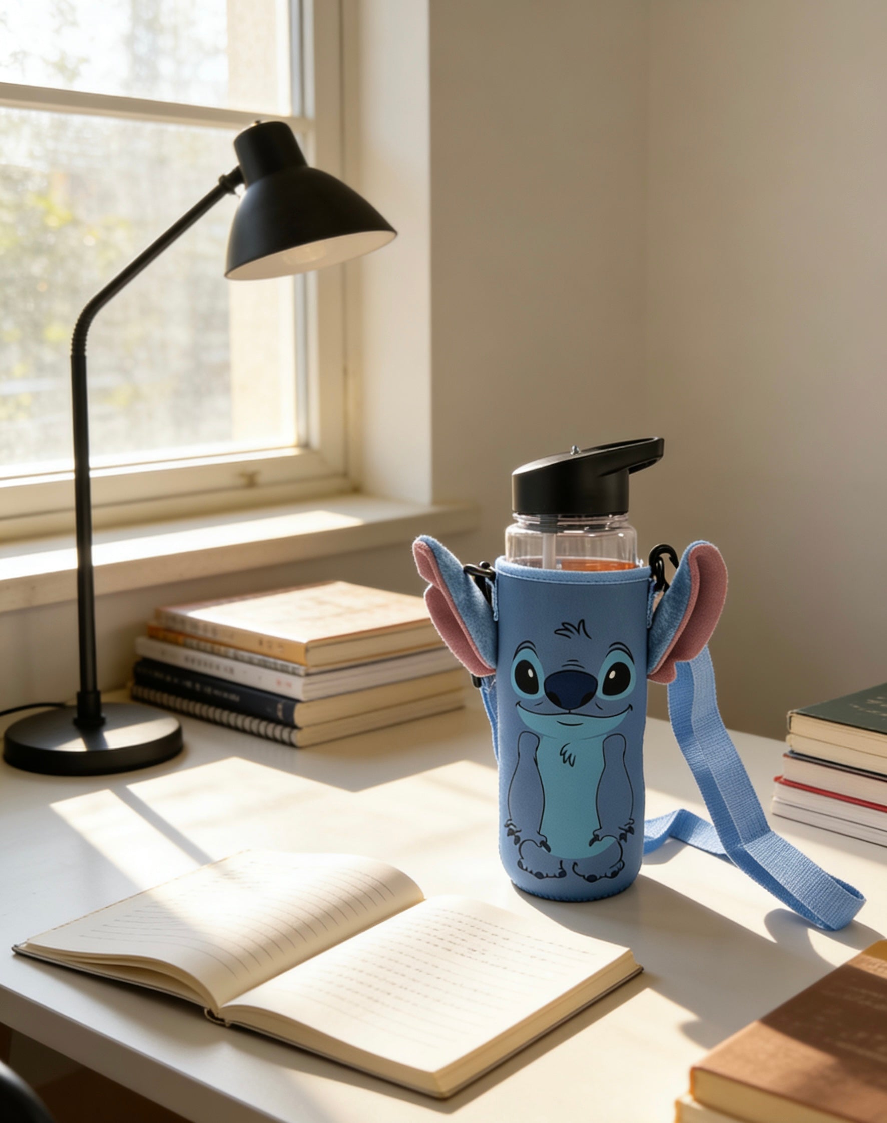 Cute Stitch Water Bottle Sleeve with Adjustable Strap - Kawaii Plush Ear Bottle Carrier Bag - Portable Neoprene Drink Holder for Kids & Disney Fans