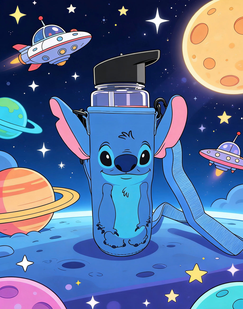 Cute Stitch Water Bottle Sleeve with Adjustable Strap - Kawaii Plush Ear Bottle Carrier Bag - Portable Neoprene Drink Holder for Kids & Disney Fans