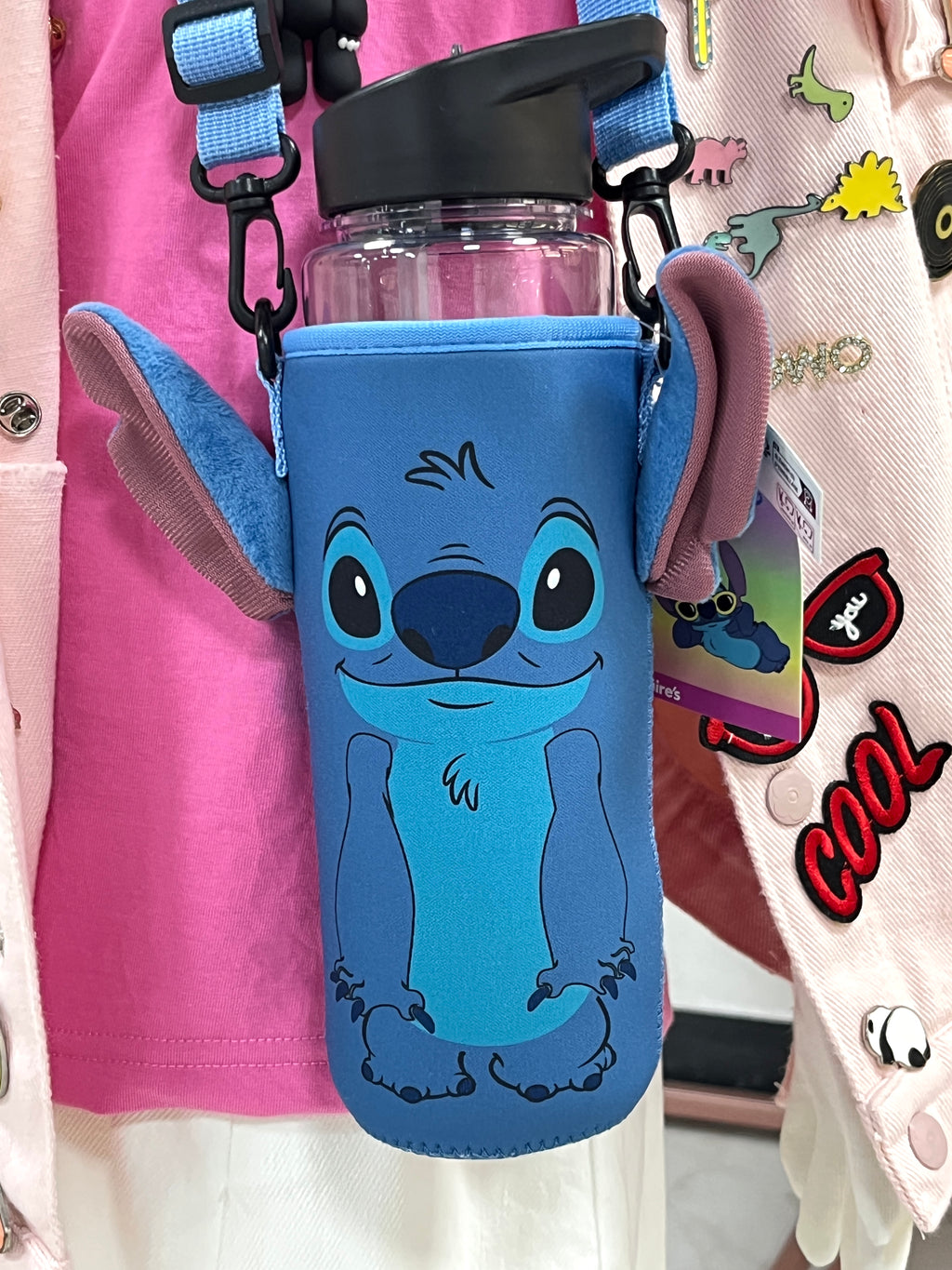 Cute Stitch Water Bottle Sleeve with Adjustable Strap - Kawaii Plush Ear Bottle Carrier Bag - Portable Neoprene Drink Holder for Kids & Disney Fans