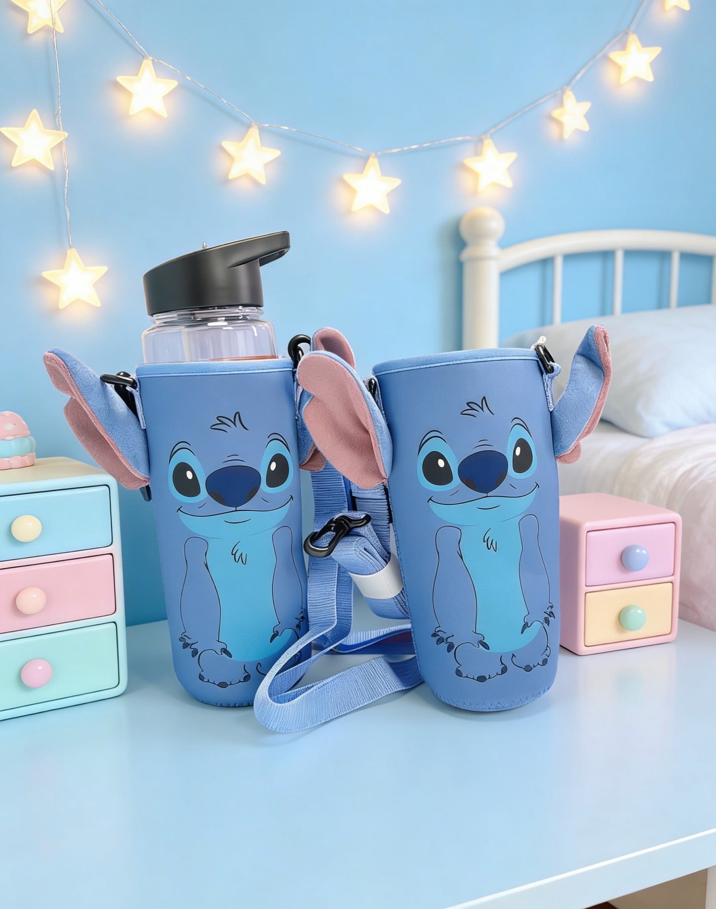 Cute Stitch Water Bottle Sleeve with Adjustable Strap - Kawaii Plush Ear Bottle Carrier Bag - Portable Neoprene Drink Holder for Kids & Disney Fans