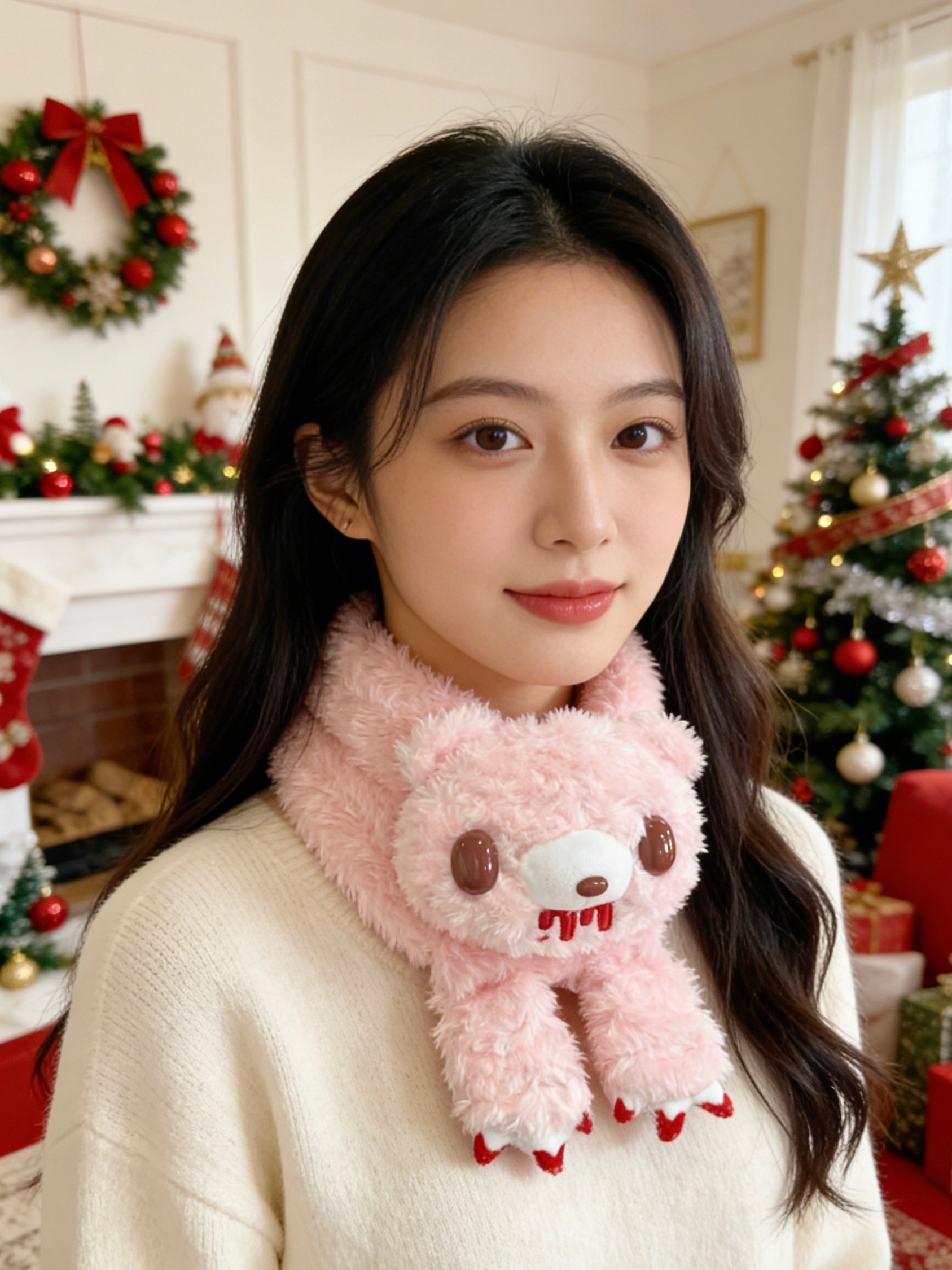 Gloomy Bear Plush Scarf - Cute & Edgy Pink Fuzzy Bear Scarf with Blood Drip Design