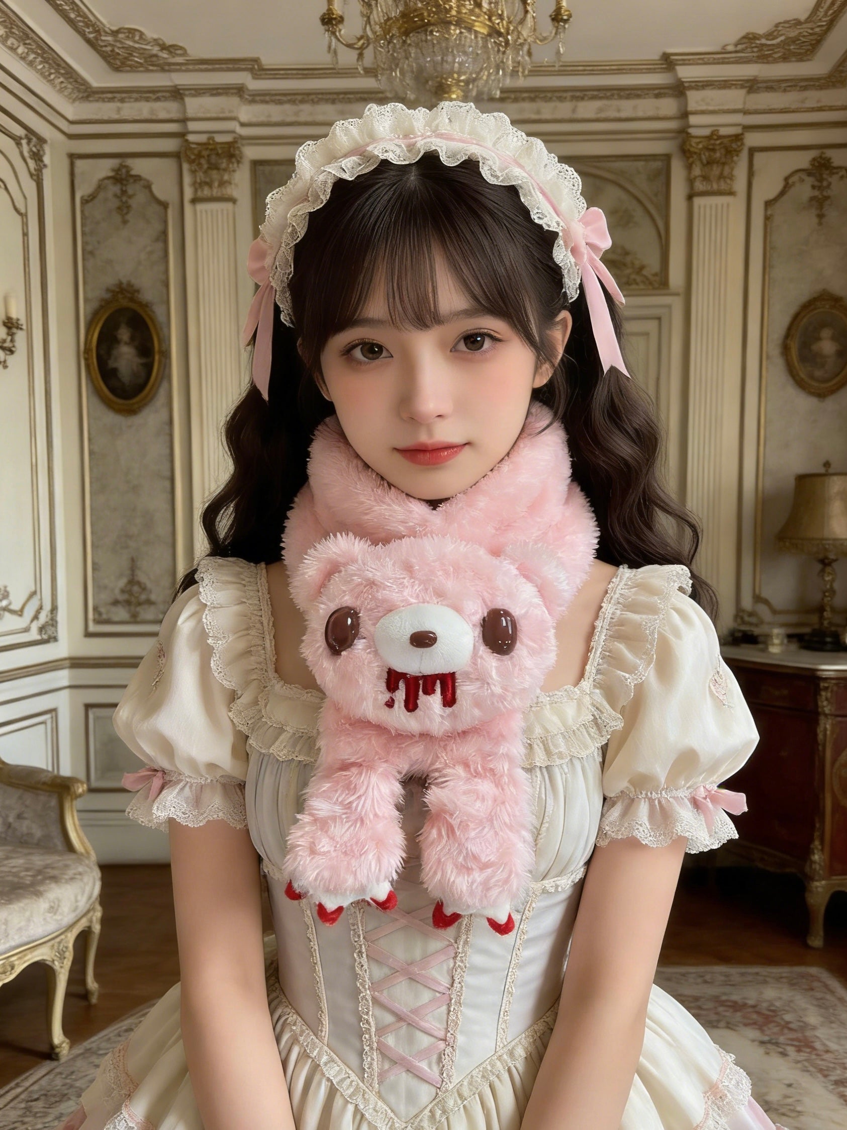 Gloomy Bear Plush Scarf - Cute & Edgy Pink Fuzzy Bear Scarf with Blood Drip Design