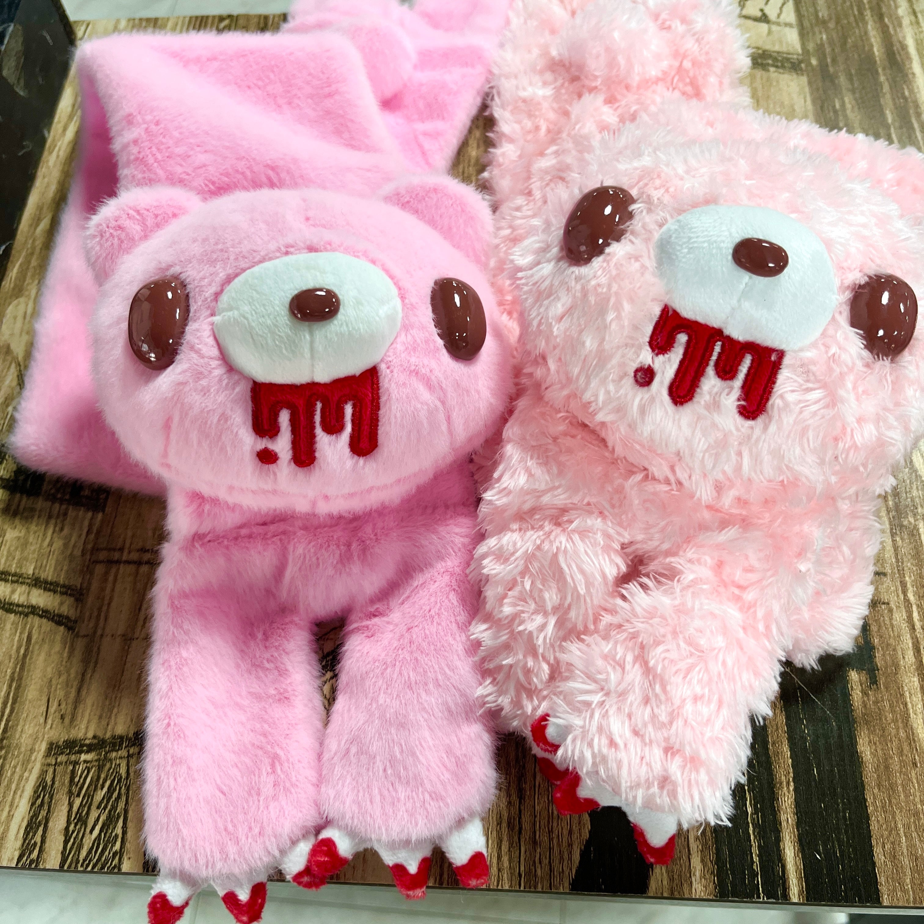 Gloomy Bear Plush Scarf - Cute & Edgy Pink Fuzzy Bear Scarf with Blood Drip Design