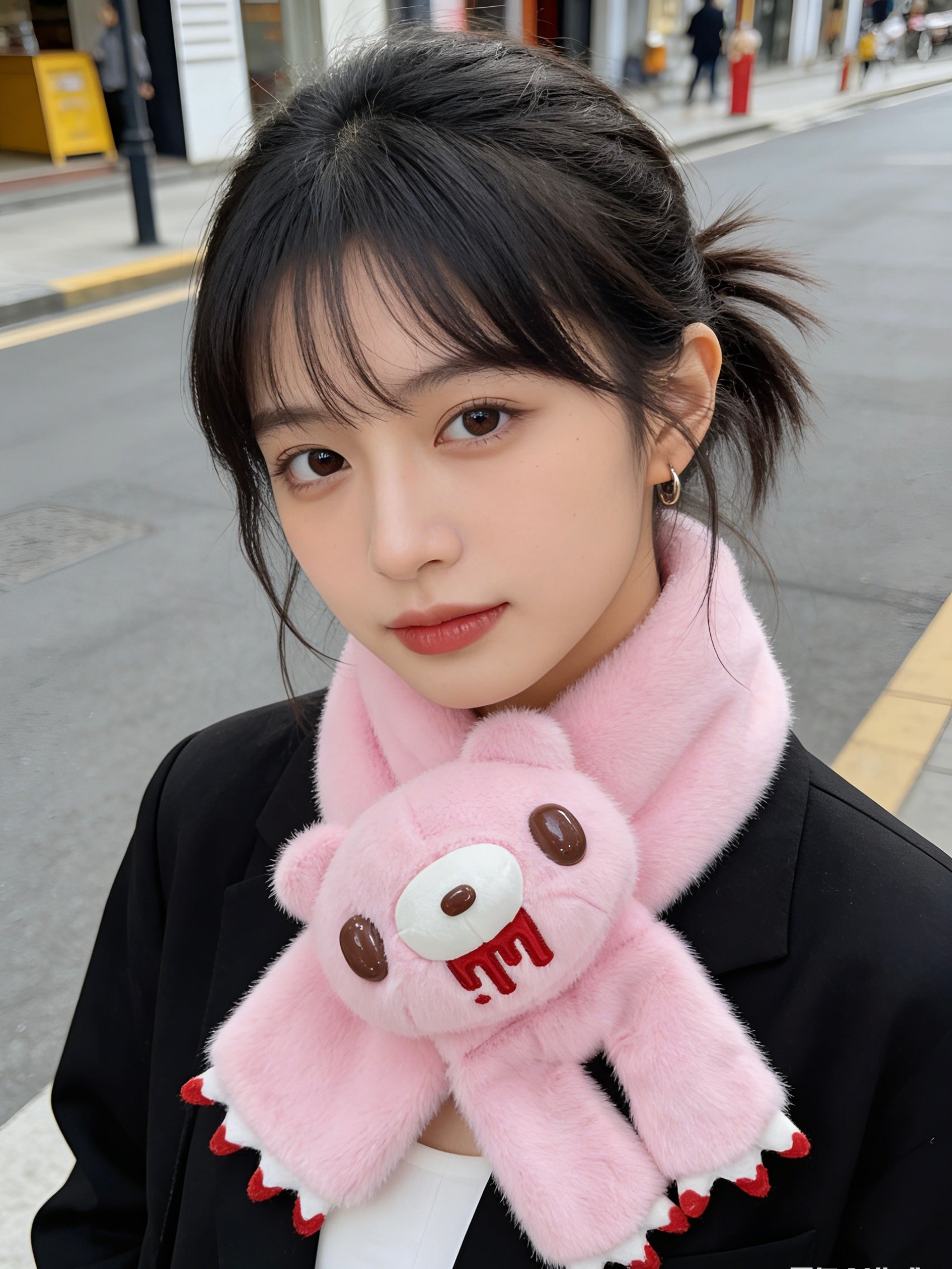 Gloomy Bear Plush Scarf - Cute & Edgy Pink Fuzzy Bear Scarf with Blood Drip Design