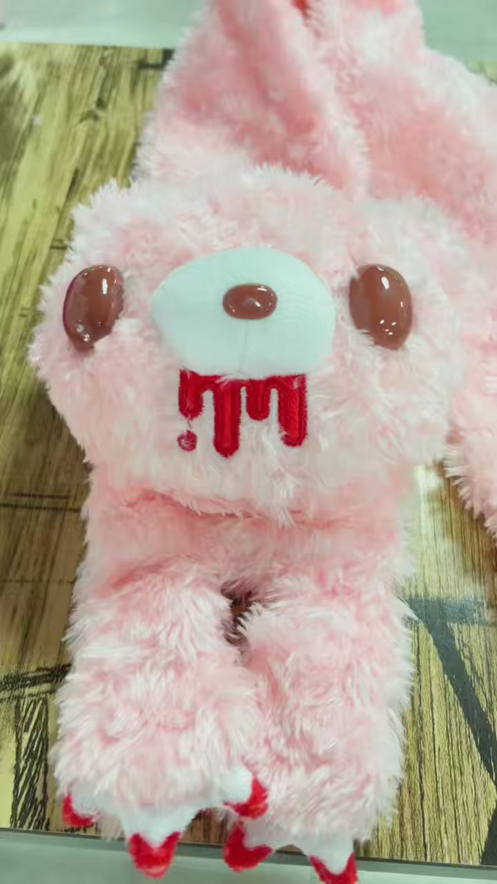 Gloomy Bear Plush Scarf - Cute & Edgy Pink Fuzzy Bear Scarf with Blood Drip Design