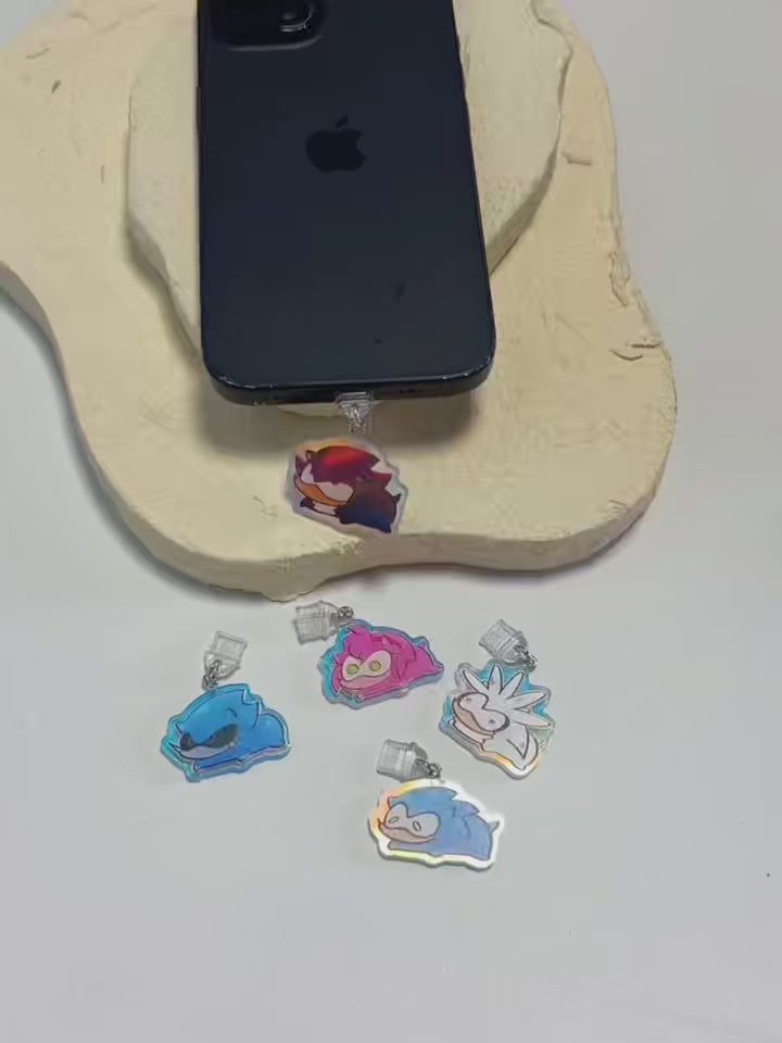 Chibi Sonic & Shadow Acrylic Phone Charms – Cute Holographic Hedgehog Dust Plug Charms