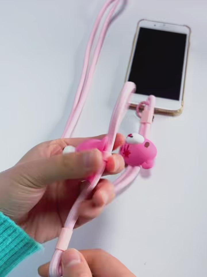 Gloomy Bear Phone Lanyard with Patch – Cute Pink Bear Short Strap for iPhone & Android